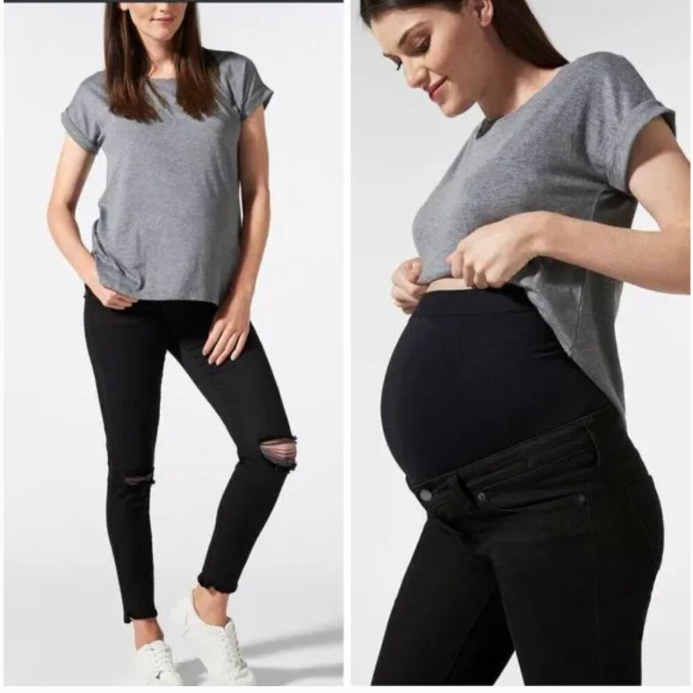 Blanqi Maternity Belly Support Skinny Jeans Black 12 Raw Hem Distressed Bohemian